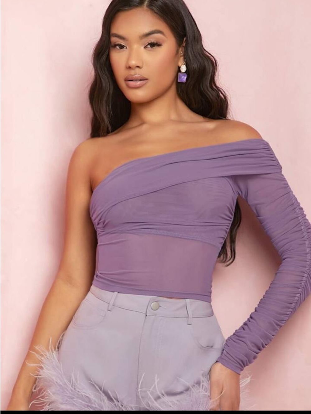 SHEIN Lavender One-Shoulder Ruched Sleeve Crop Top